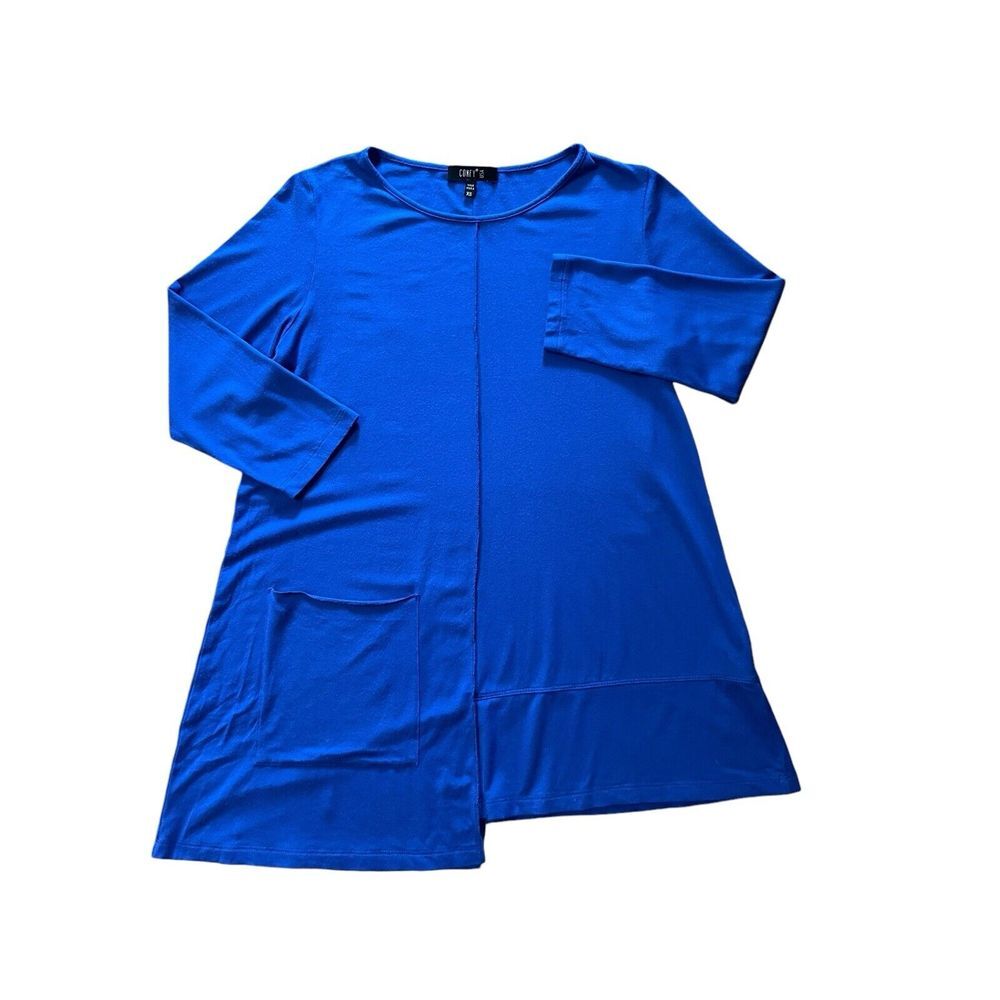Comfy USA Tunic Top Womens XS Royal Blue Asymmetrical Hem 3/4 Sleeve Lagenlook